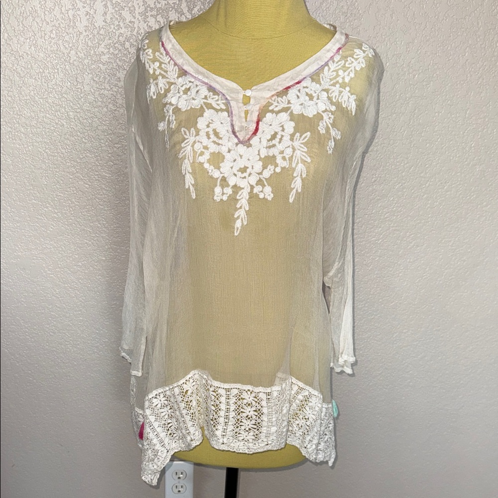 Johnny Was White Silk Sheer Top